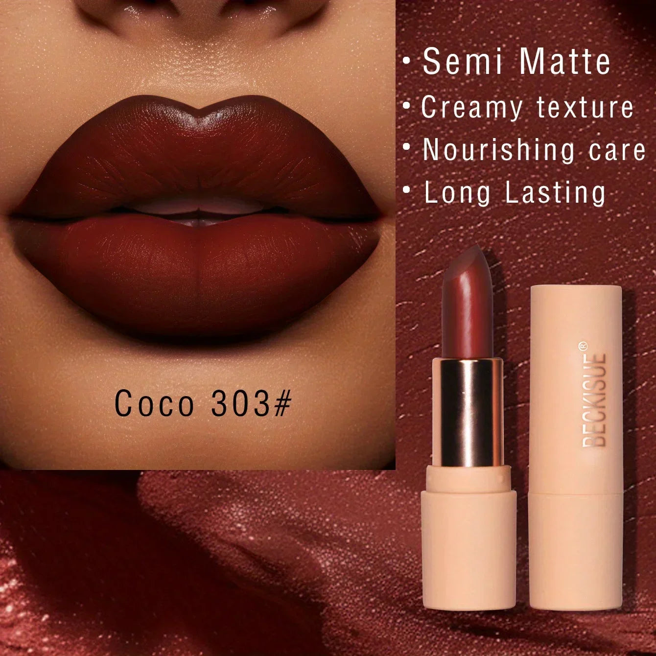 Rossetto opaco setoso colore Coco 303 con finitura semi matte e lunga durata