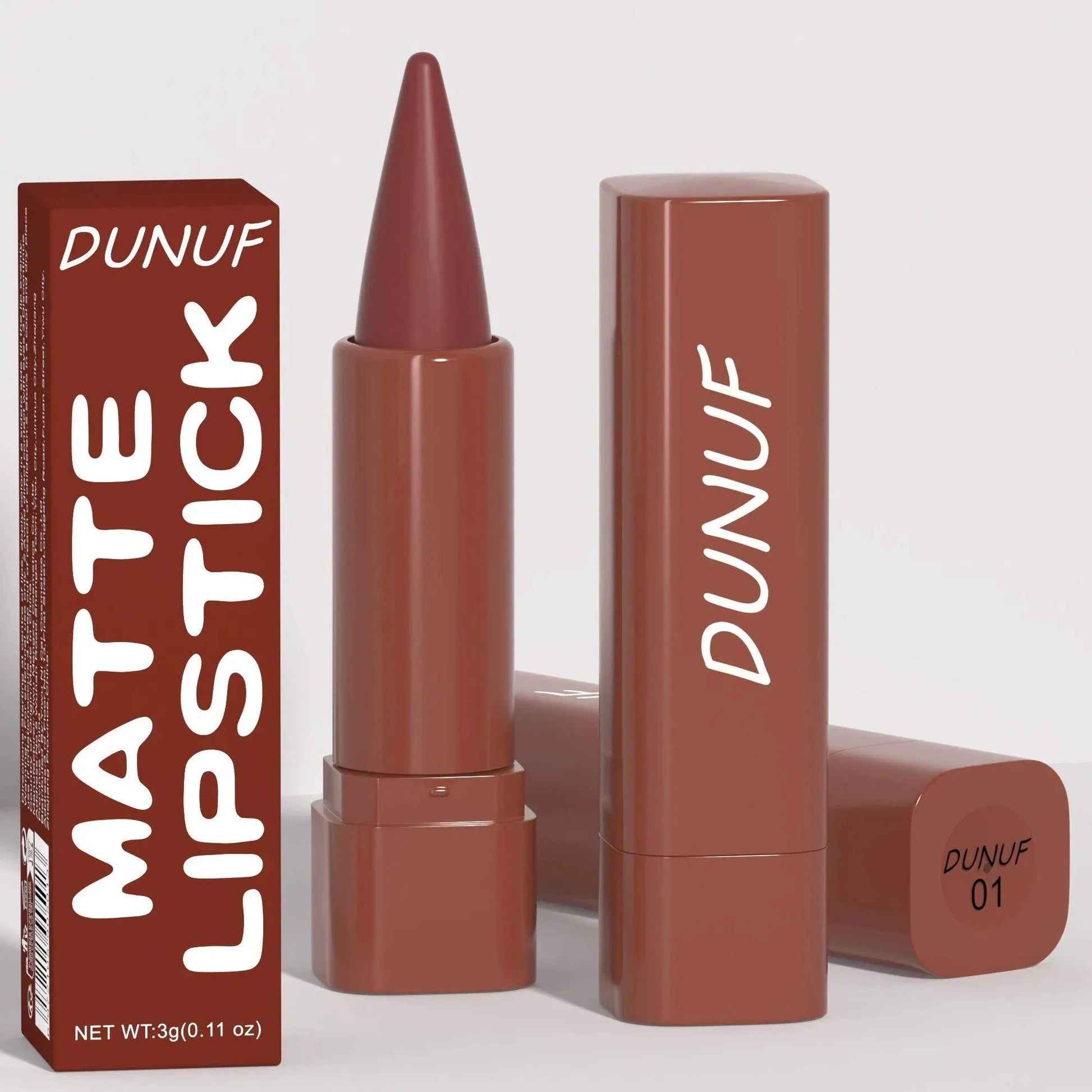 Penna per labbra opaca DUNUF marrone con applicazione vellutata e finitura matte elegante