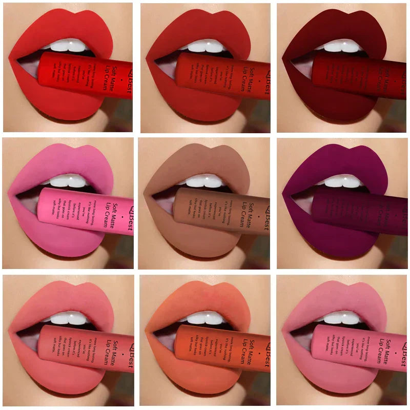 Rossetto liquido impermeabile opaco a lunga durata in vari colori vibranti per trucco professionale e quotidiano.