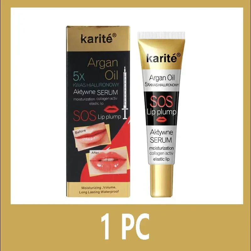 Essenza rimpolpante labbra con olio di argan per idratazione e nutrimento.