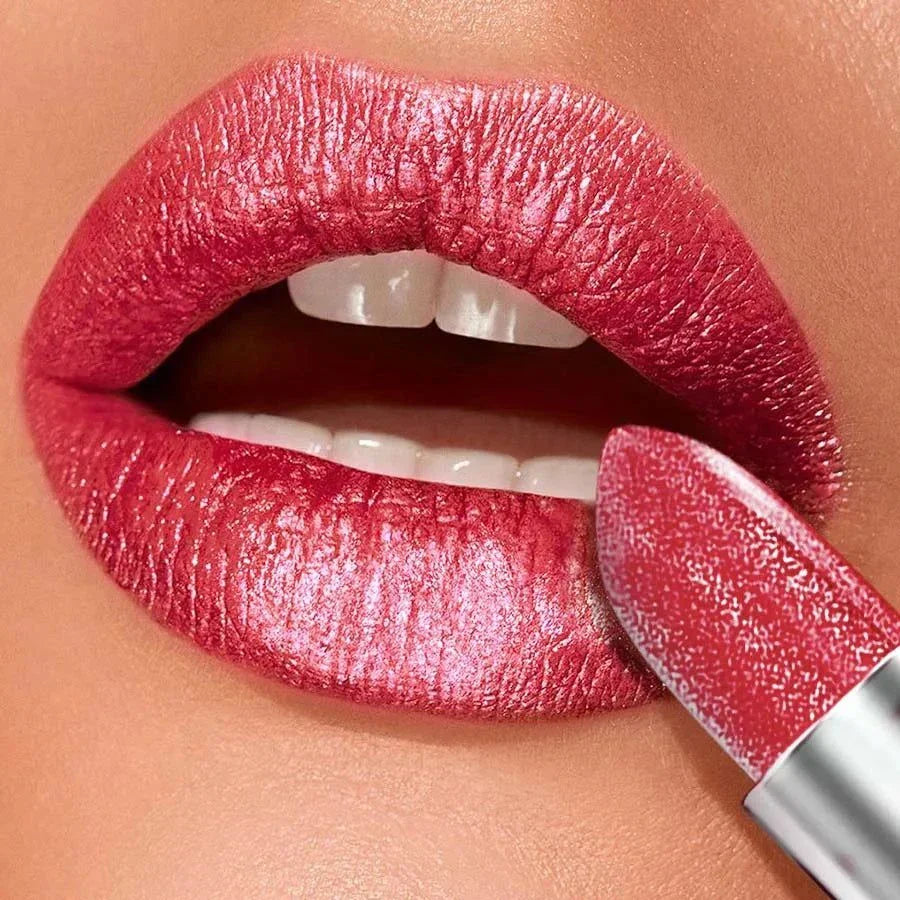 Rossetto metallizzato rosso brillante con effetto glitter idratante e a lunga durata impermeabile