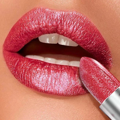 Rossetto metallizzato rosso brillante con effetto glitter idratante e a lunga durata impermeabile