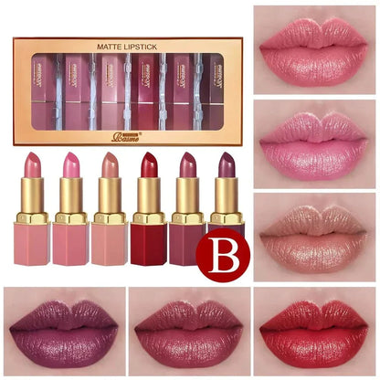Set rossetti a tubo opachi con glitter perlescenti in 6 colori, confezione regalo San Valentino.