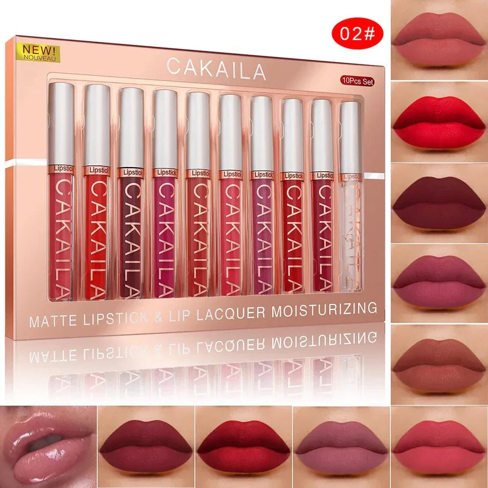 Set 10 rossetti liquidi opachi CAKAILA nude lunga durata impermeabili con effetto velluto