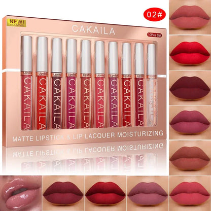 Set 10 rossetti liquidi opachi CAKAILA nude lunga durata impermeabili con effetto velluto