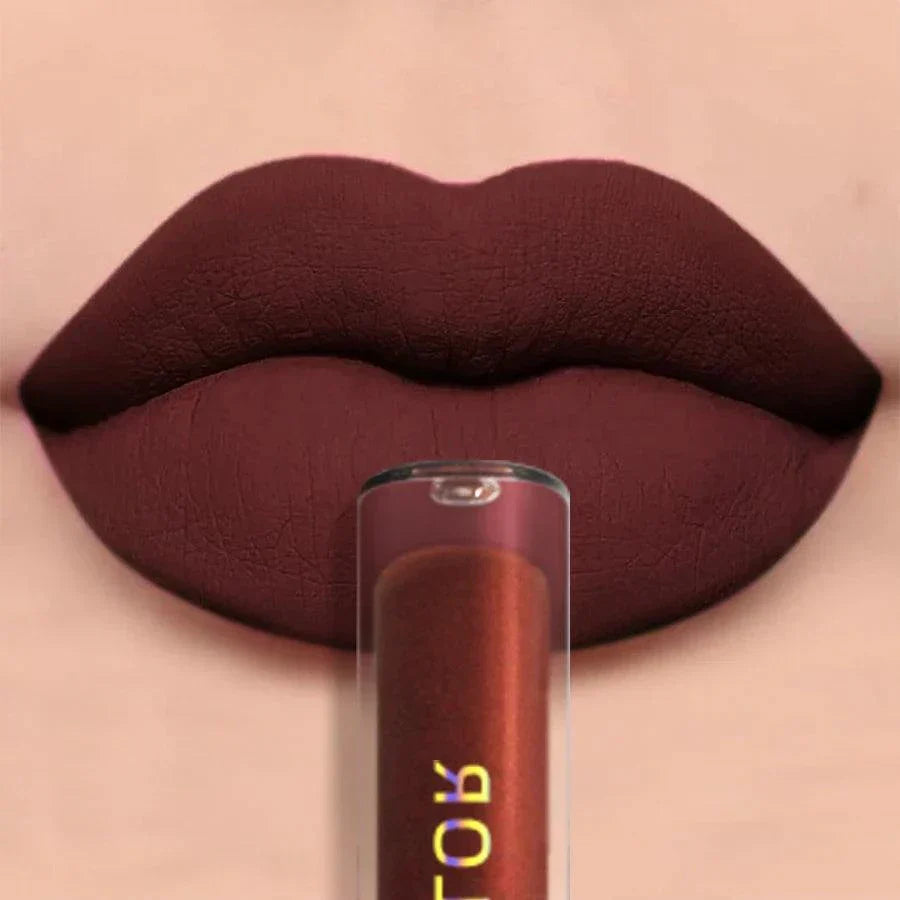 Rossetto liquido velluto opaco marrone scuro effetto naturale lucidalabbra impermeabile