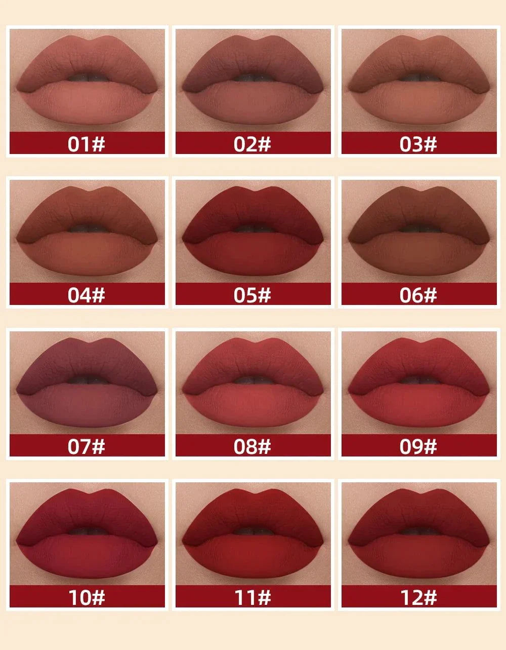 Rossetto liquido opaco lunga durata colori nude e rossi su labbra modello