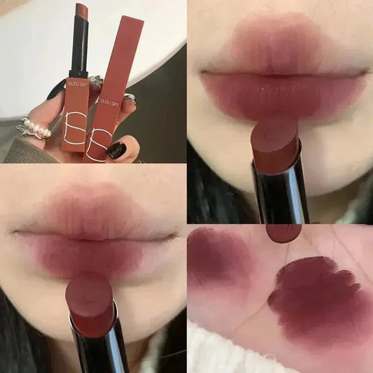 rossetto opaco impermeabile a tubo sottile colore marrone resistente al sudore per labbra morbide e trucco a lunga durata