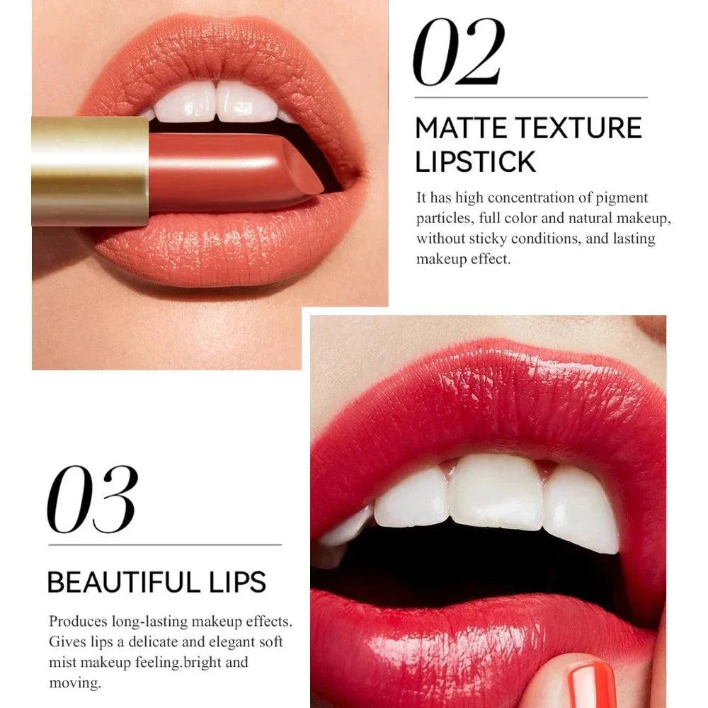 Rossetto a tubo opaco con barra d'oro effetto velluto e glitter perlescenti, trucco labbra duraturo e pigmentato