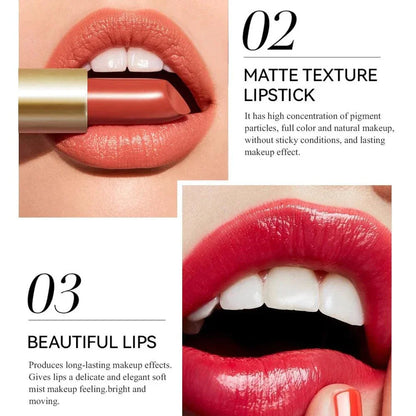 Rossetto a tubo opaco con barra d'oro effetto velluto e glitter perlescenti, trucco labbra duraturo e pigmentato