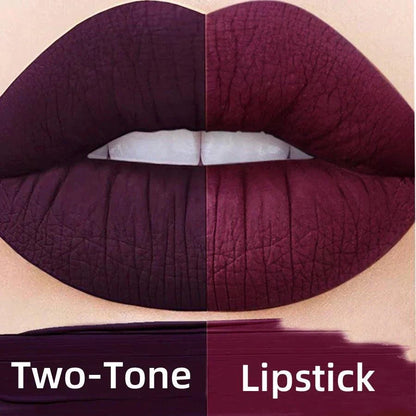 labbra con rossetto bicolore velluto impermeabile viola e marrone a lunga durata