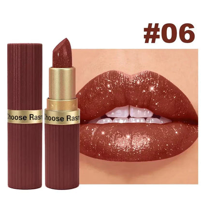 Rossetto in velluto glitter rosa perlescente metallizzato opaco impermeabile lunga durata