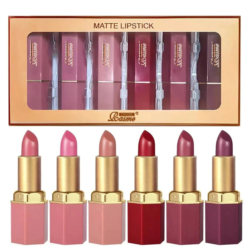Rossetto a tubo opaco con barra d'oro, set da 6 colori vellutati con glitter perlescenti per San Valentino