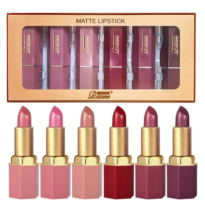 Rossetto a tubo opaco con barra d'oro, set da 6 colori vellutati con glitter perlescenti per San Valentino