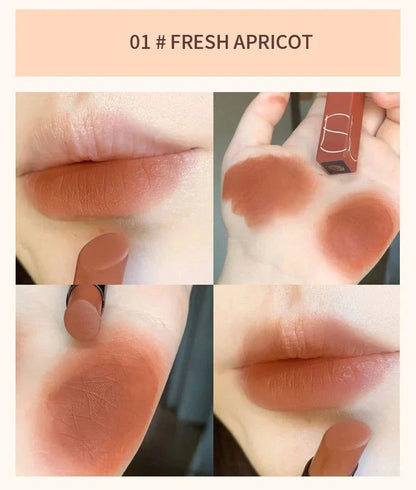 rossetto opaco impermeabile tono fresh apricot su labbra e pelle