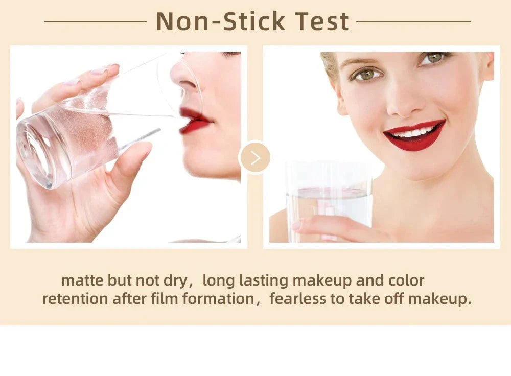 Donna con rossetto liquido opaco rosso che beve acqua senza sbavature