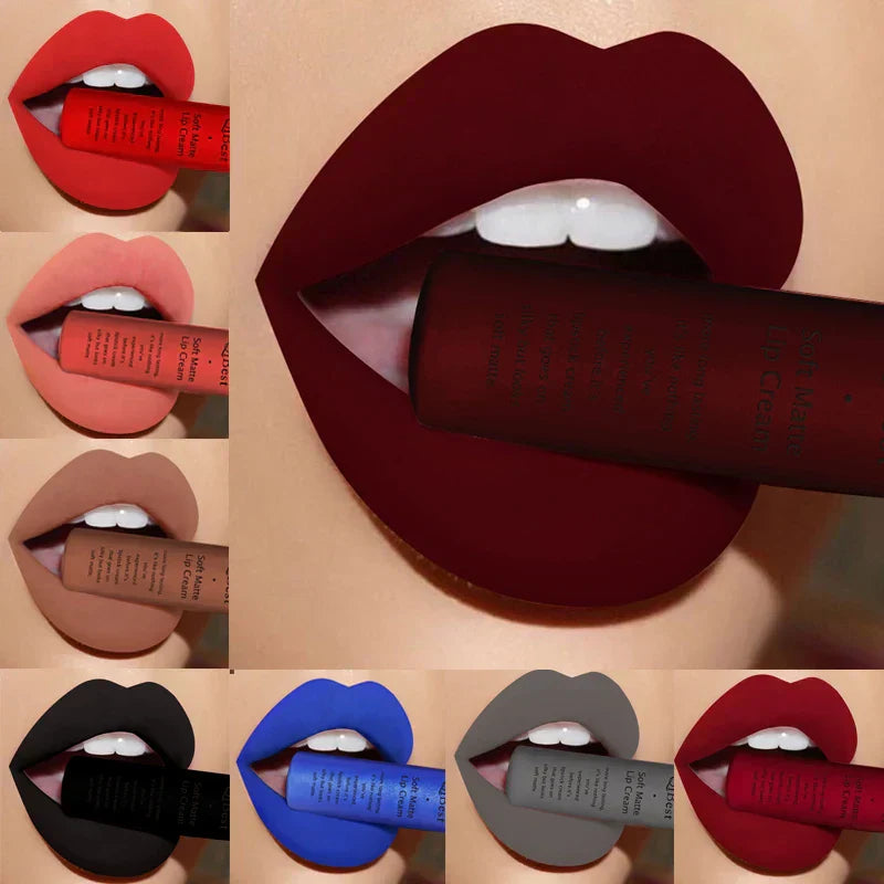 Rossetto liquido impermeabile opaco con lunga durata in vari colori intensi per trucco professionale e quotidiano.