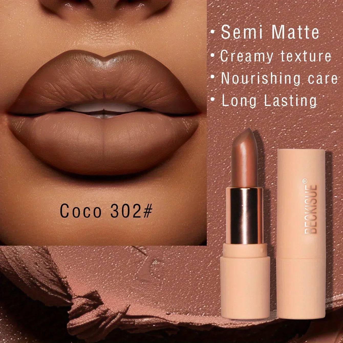 Rossetto opaco setoso colore coco 302 texture cremosa lunga durata cura nutriente labbra
