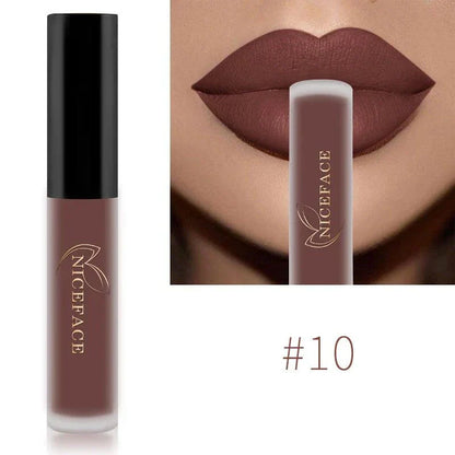 Rossetto liquido nudo velluto opaco lunga durata colore marrone elegante impermeabile donna