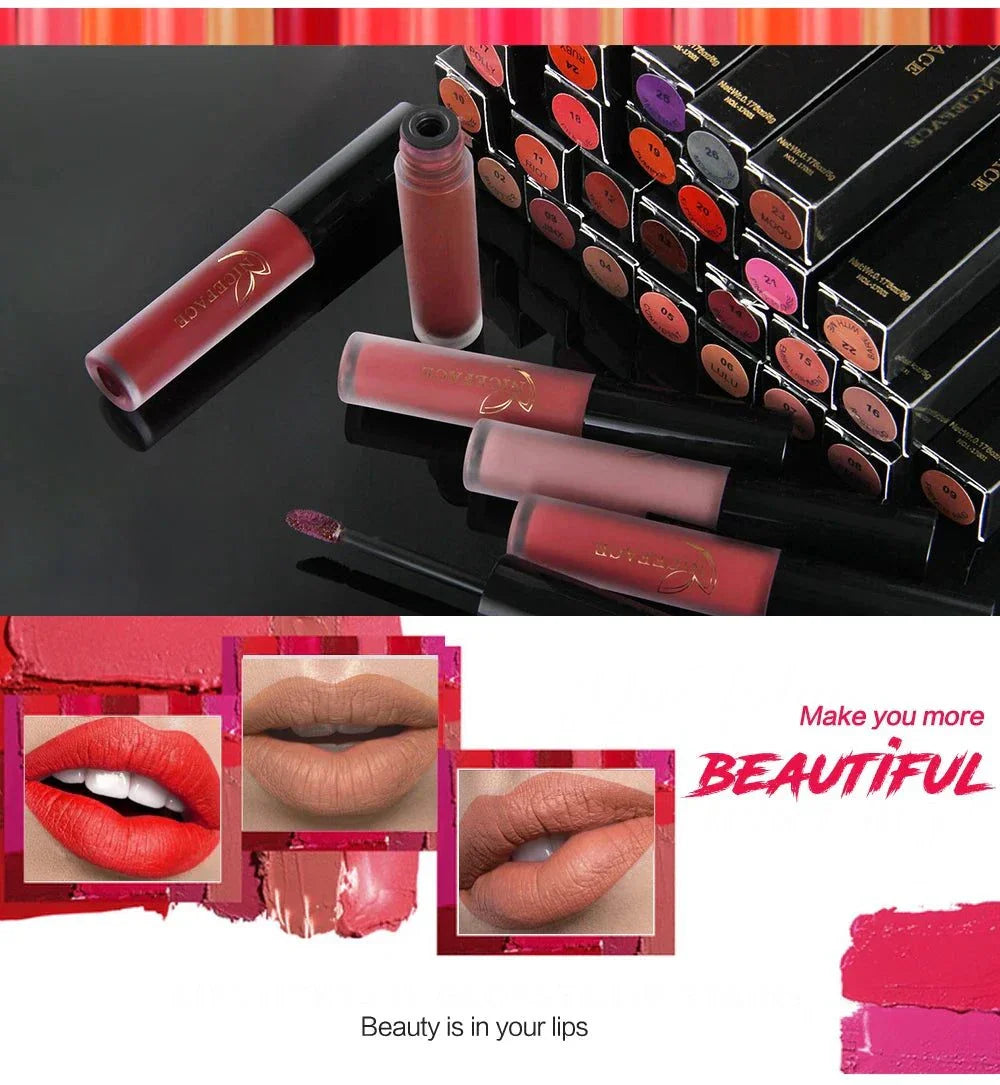 Rossetto liquido nudo velluto opaco lunga durata toni naturali e rossi impermeabile uomo donna elegante cosmetici labbra
