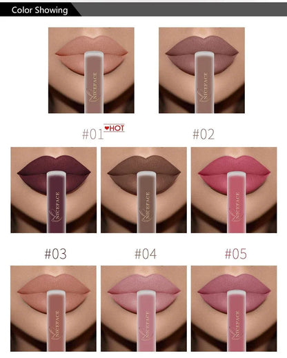 esempi di rossetto liquido nudo opaco lunga durata su labbra in diverse tonalità