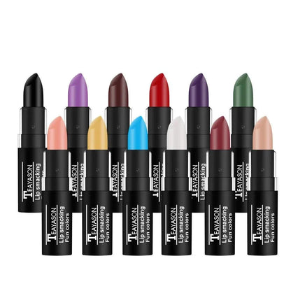 Rossetto opaco nero e colori assortiti in 12 tonalità, effetto velluto, lunga durata e resistente all'acqua.