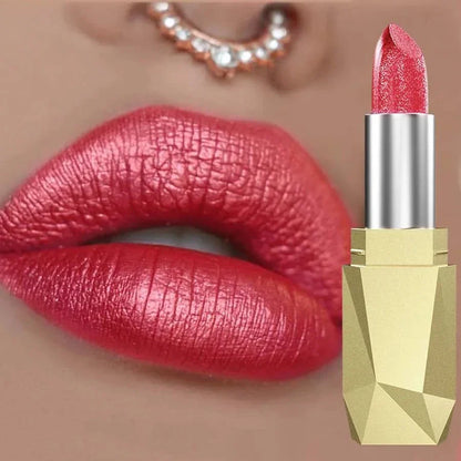 Rossetto metallizzato rosso glitterato a lunga durata con effetto shimmer luminoso e impermeabile