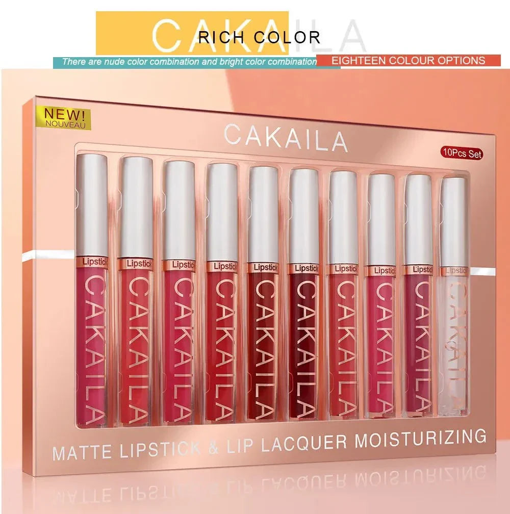Set 10 rossetti liquidi opachi nude CAKAILA a lunga durata per labbra umide e impermeabili