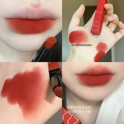 rossetto opaco impermeabile a tubo sottile colore rosso mattone su labbra e mano