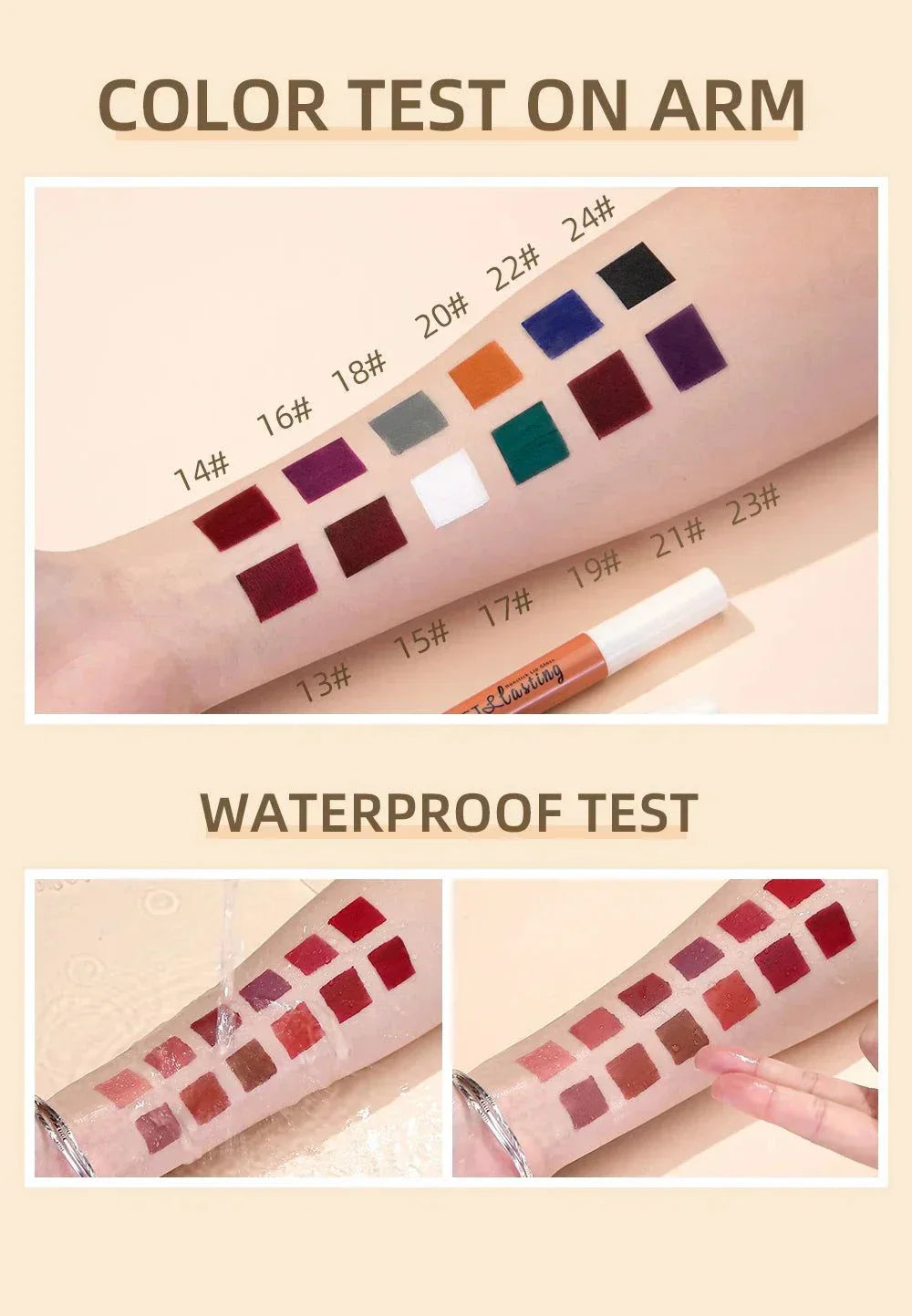 Test colori e prova impermeabile del rossetto liquido opaco a lunga durata su braccio