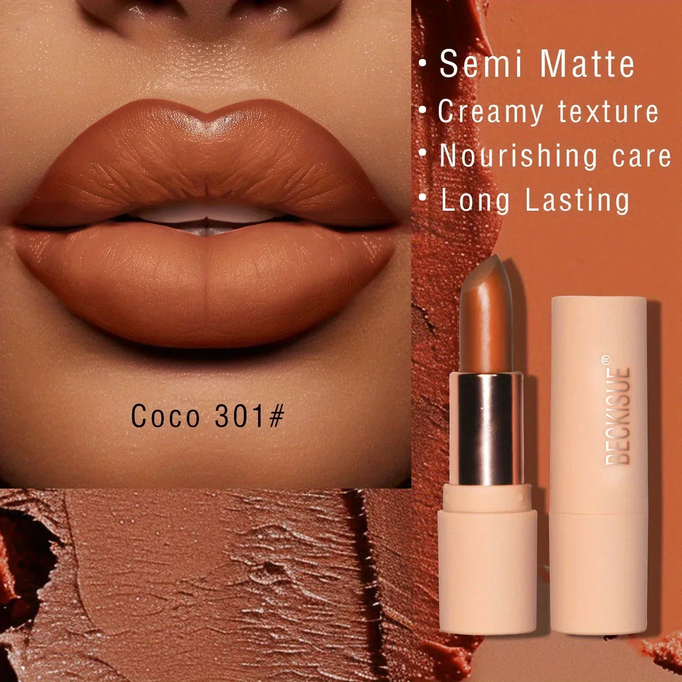 Rossetto opaco setoso tono Coco 301 texture cremosa e lunga durata