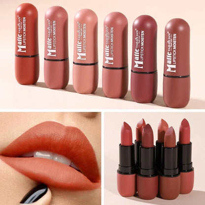 Rossetto opaco a 6 colori con finitura velluto morbida e idratante per labbra lisce e colorate.