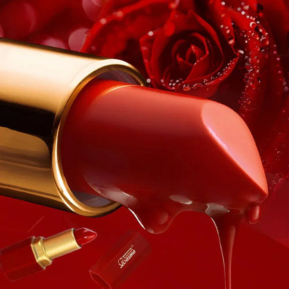 Rossetto a tubo rosso con barra d'oro e texture opaca effetto velluto con glitter perlescenti, sfondo rosa rossa per San Valentino