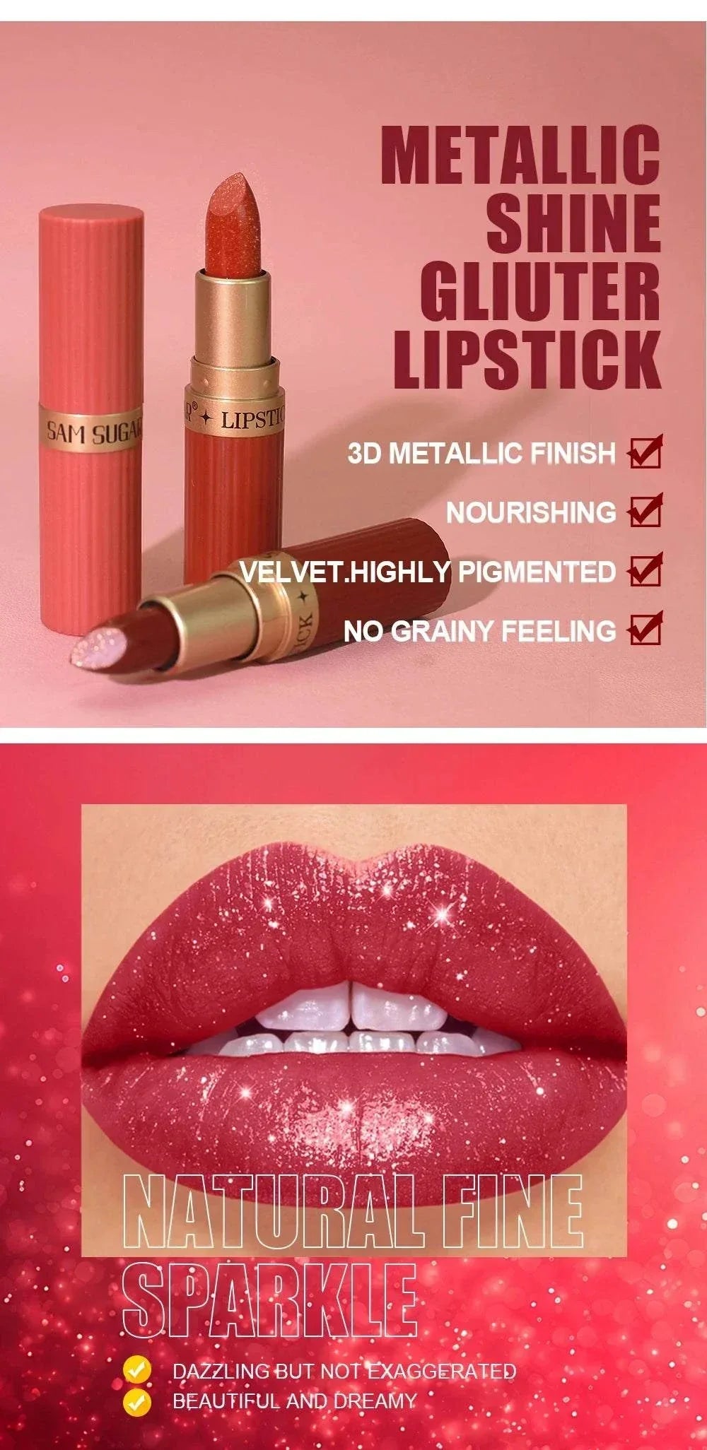 Rossetto in velluto glitter rosa perlescente metallizzato opaco impermeabile e idratante