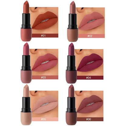 rossetto opaco a 6 colori con finitura vellutata idratante e morbida